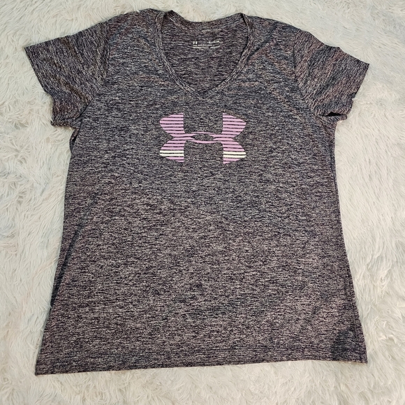 Under Armour Tops - Under Armour Heathered Gray T-Shirt with Pink Logo